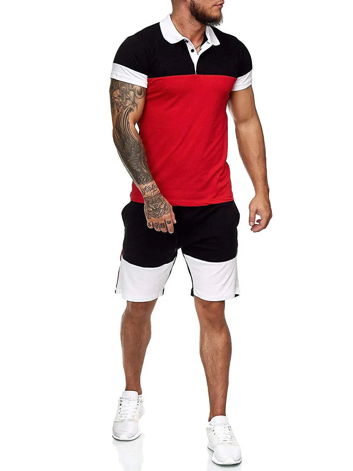 Sports Suit Men's Color Matching Stitching Lapel POLO Shirt Casual Short Sleeved Suit - WAlMYe #