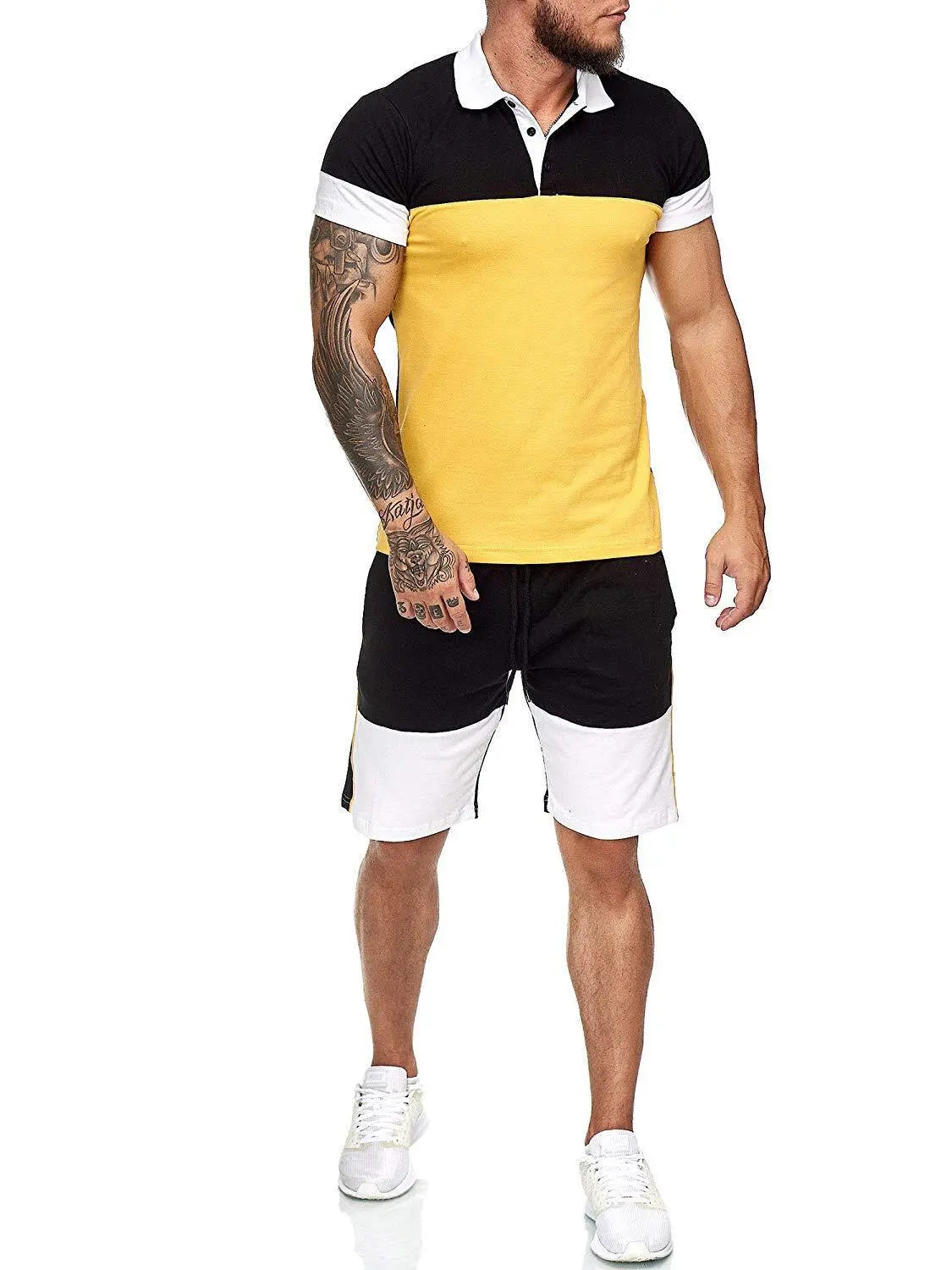 Sports Suit Men's Color Matching Stitching Lapel POLO Shirt Casual Short Sleeved Suit - WAlMYe #
