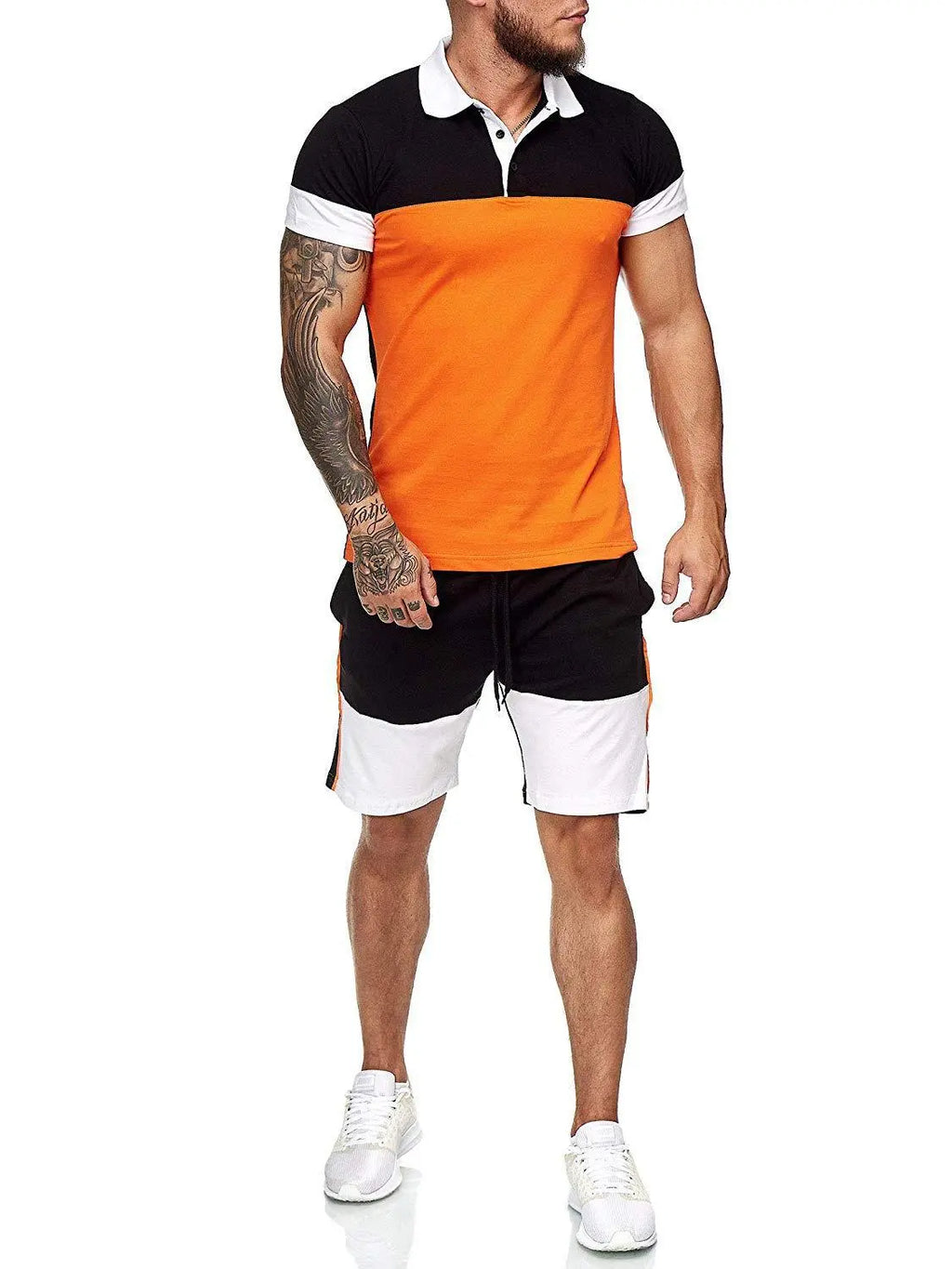 Sports Suit Men's Color Matching Stitching Lapel POLO Shirt Casual Short Sleeved Suit - WAlMYe #