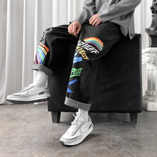 Straight Loose Graffiti Rainbow Print Capris - WAlMYe #