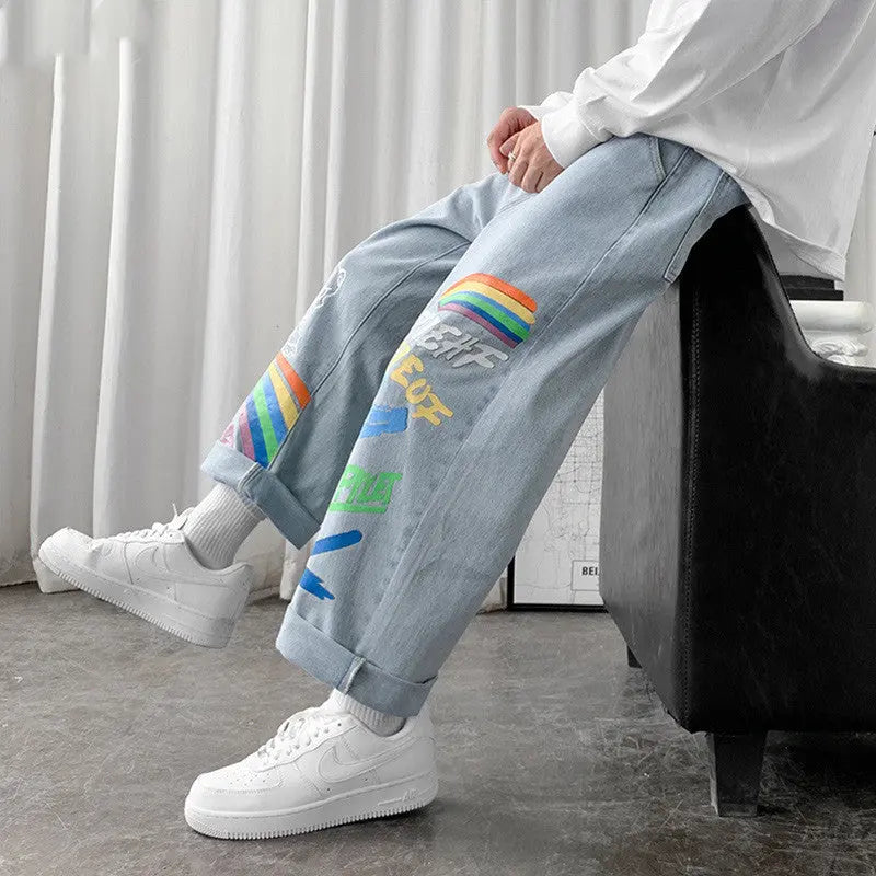 Straight Loose Graffiti Rainbow Print Capris - WAlMYe #
