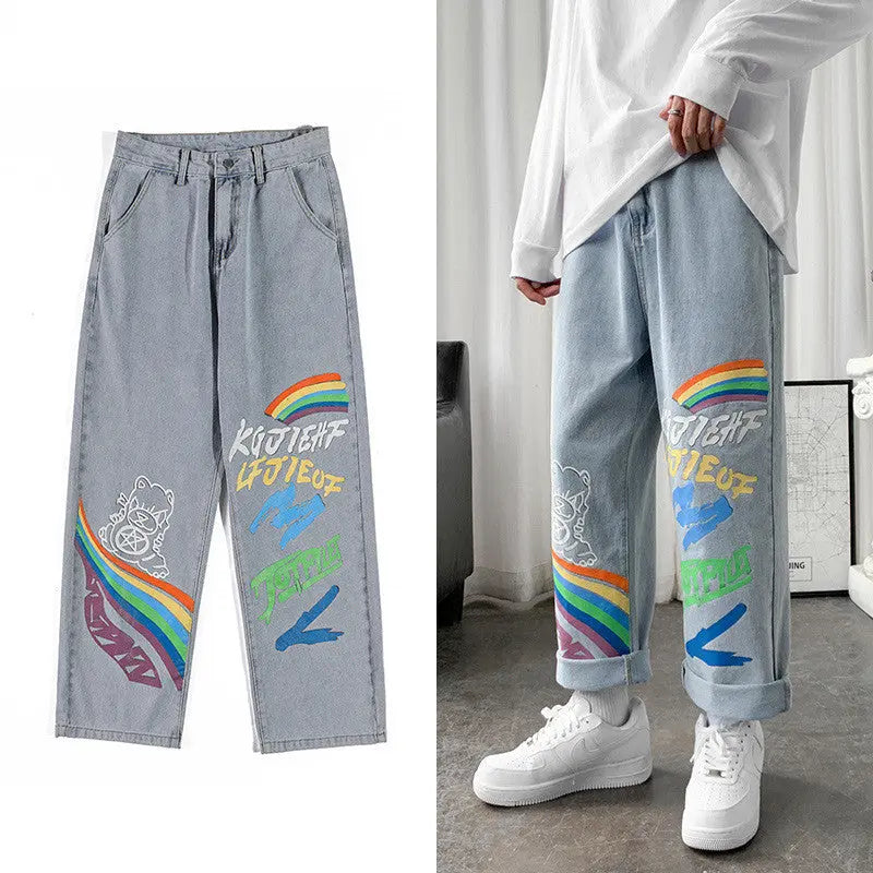 Straight Loose Graffiti Rainbow Print Capris - WAlMYe #