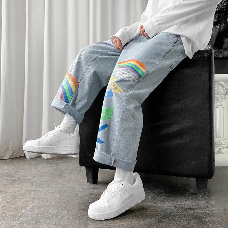 Straight Loose Graffiti Rainbow Print Capris - WAlMYe #