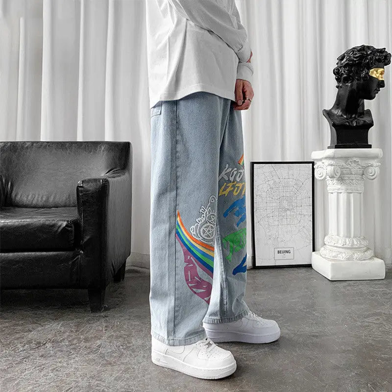 Straight Loose Graffiti Rainbow Print Capris - WAlMYe #