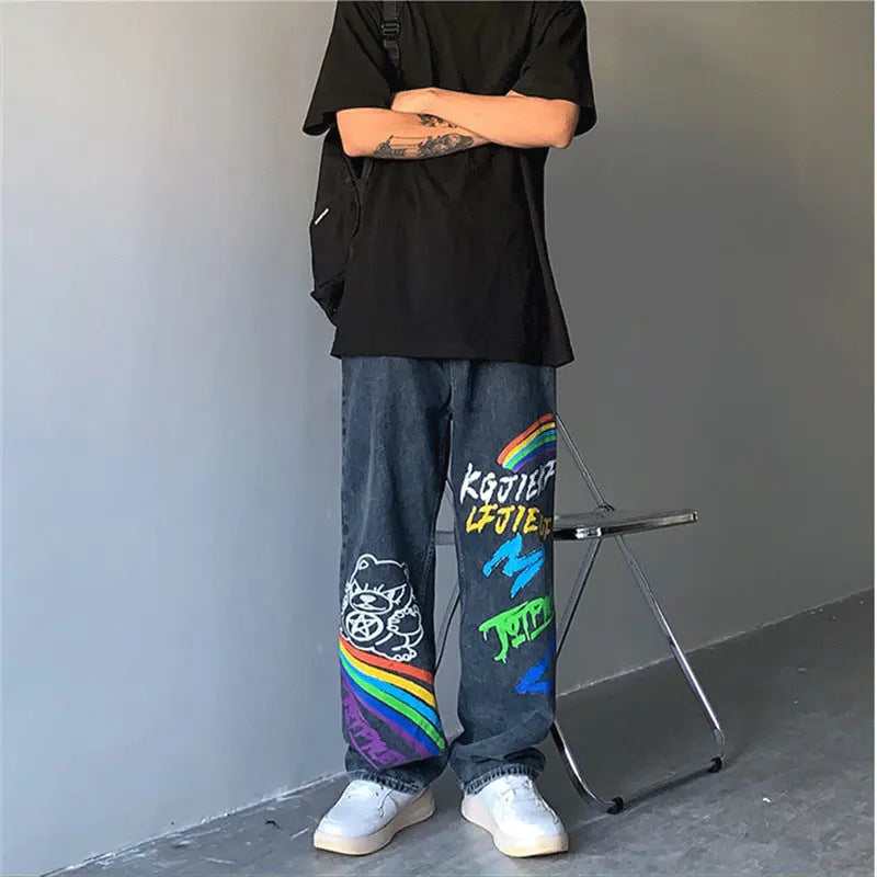 Straight Loose Graffiti Rainbow Print Capris - WAlMYe #