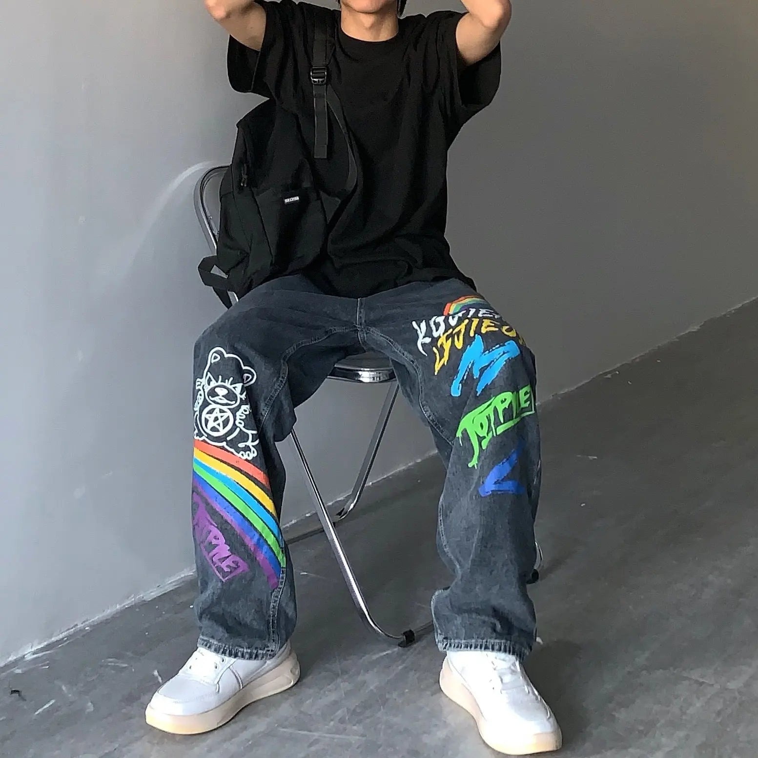 Straight Loose Graffiti Rainbow Print Capris - WAlMYe #
