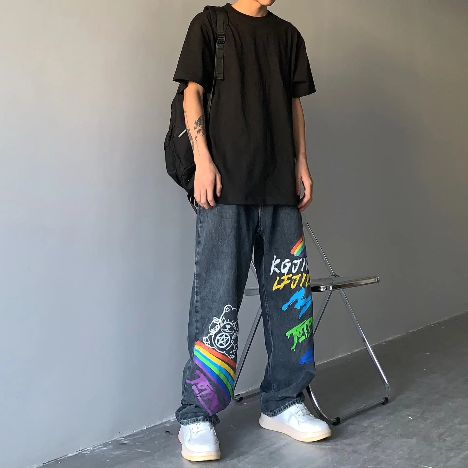 Straight Loose Graffiti Rainbow Print Capris - WAlMYe #