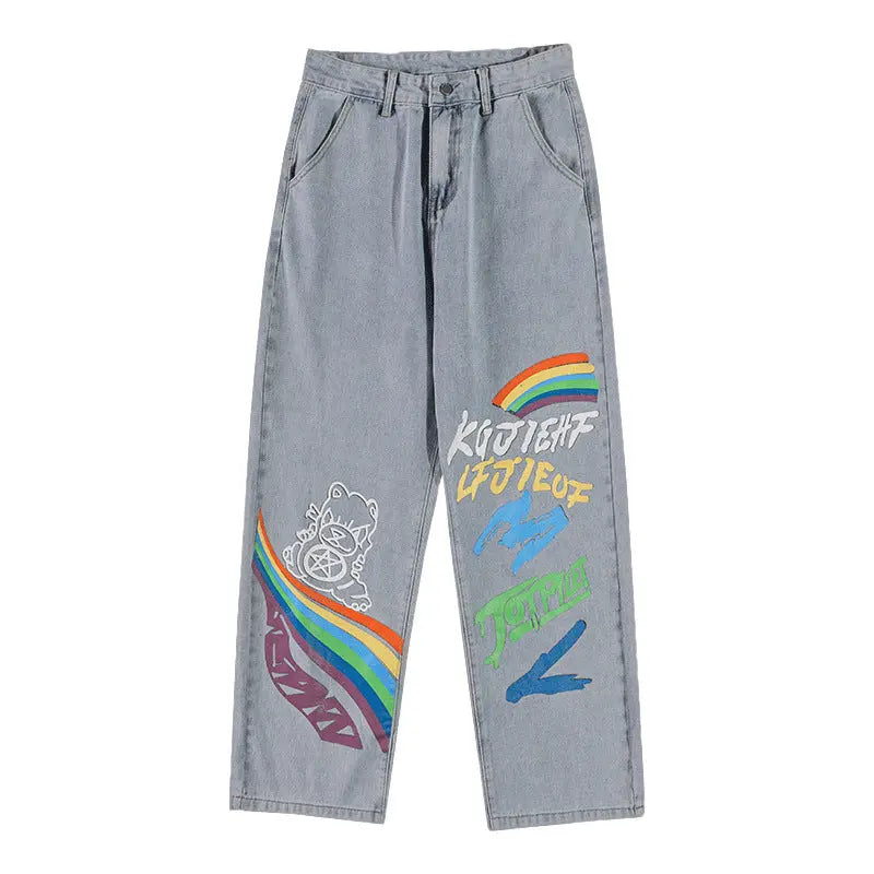 Straight Loose Graffiti Rainbow Print Capris - WAlMYe #