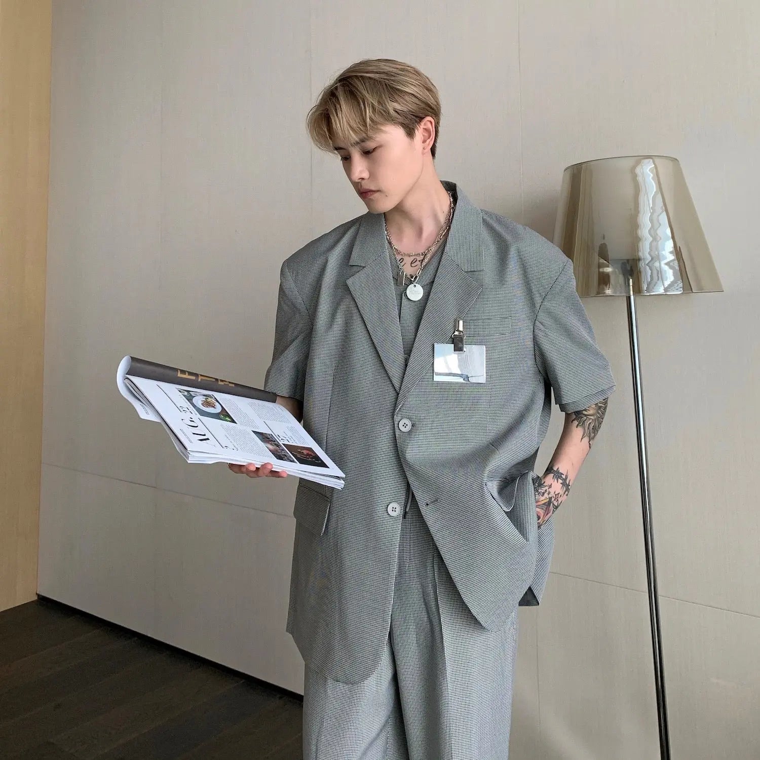 Summer Short-Sleeved Shirt Suit Plaid Suit Houndstooth Three-Piece Suit Suit Male - WAlMYe #