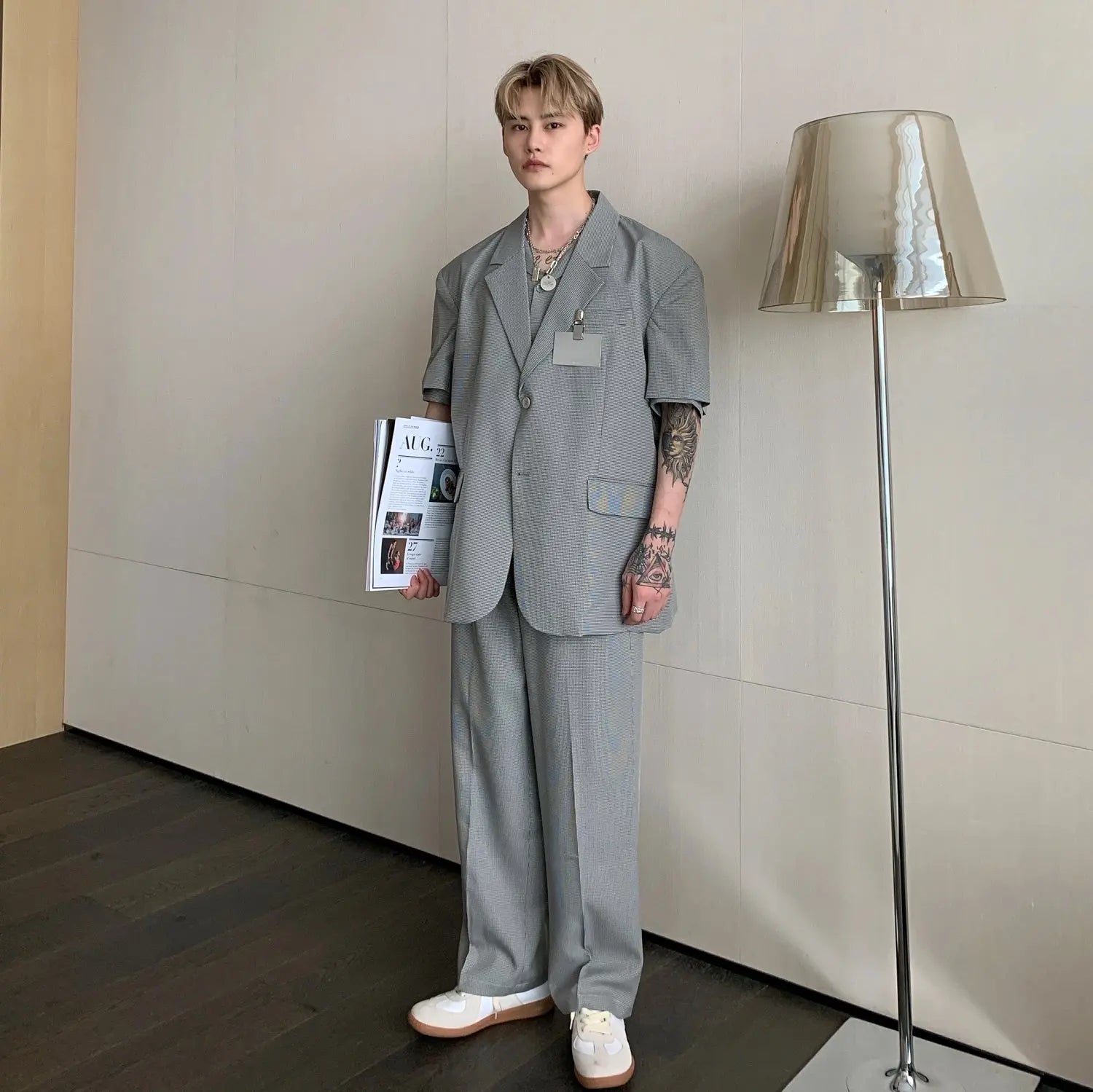 Summer Short-Sleeved Shirt Suit Plaid Suit Houndstooth Three-Piece Suit Suit Male - WAlMYe #