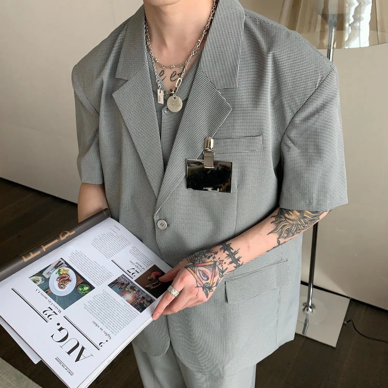 Summer Short-Sleeved Shirt Suit Plaid Suit Houndstooth Three-Piece Suit Suit Male - WAlMYe #