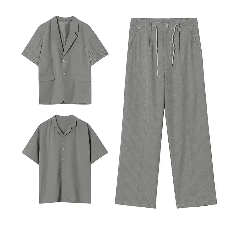 Summer Short-Sleeved Shirt Suit Plaid Suit Houndstooth Three-Piece Suit Suit Male - WAlMYe #