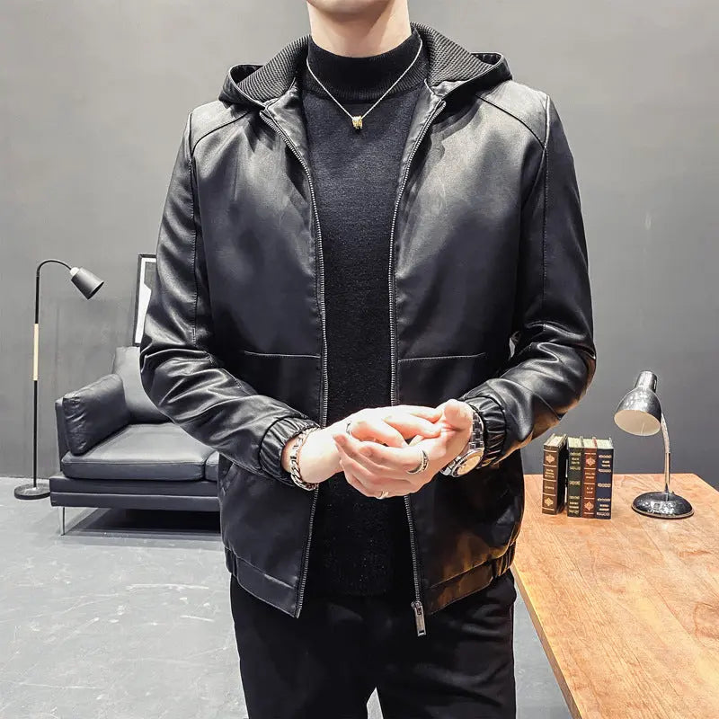 Trendy Casual Hooded Leather Jacket - WAlMYe #