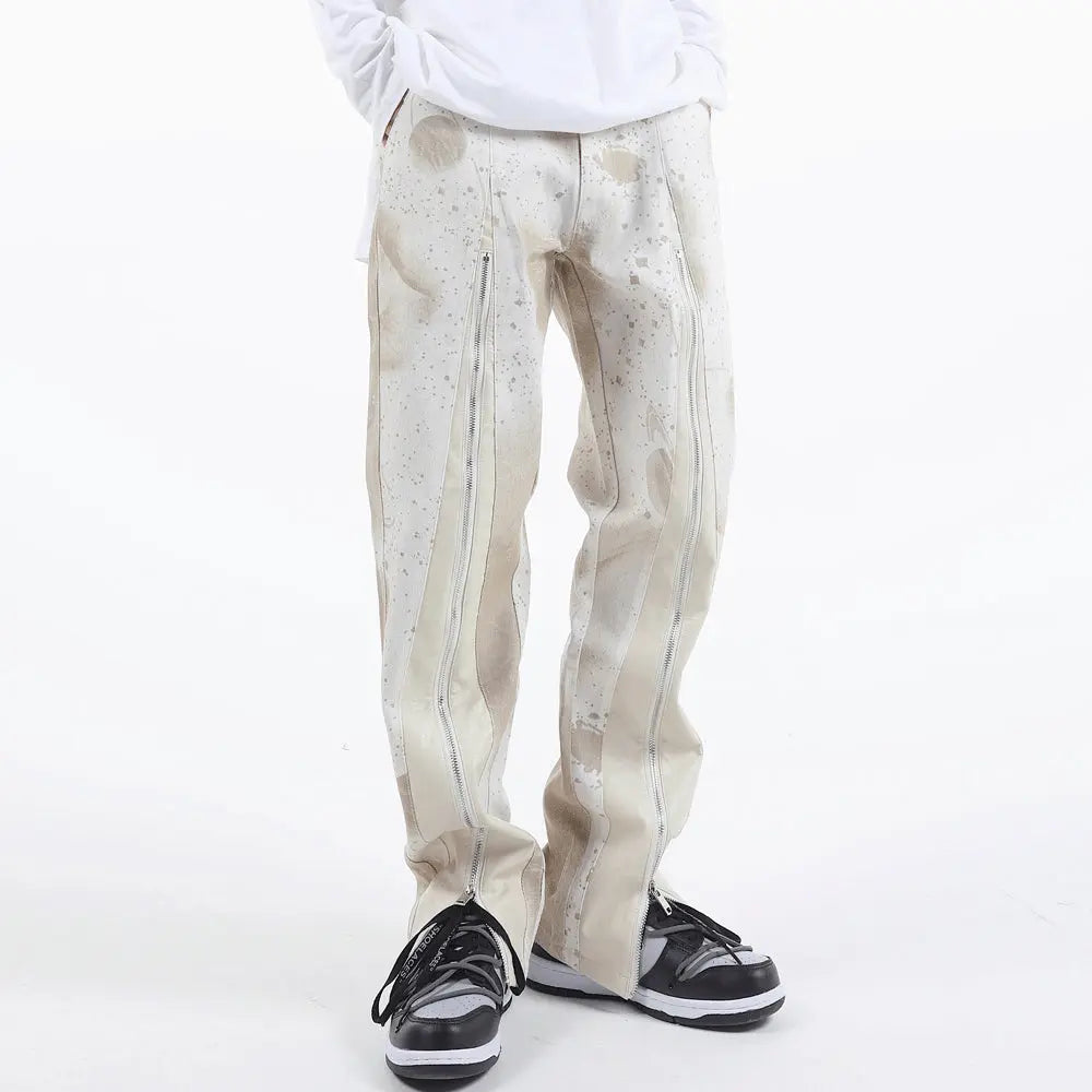 Trendy Loose PU Leather Stitching Zipper Slit Jeans - WAlMYe #