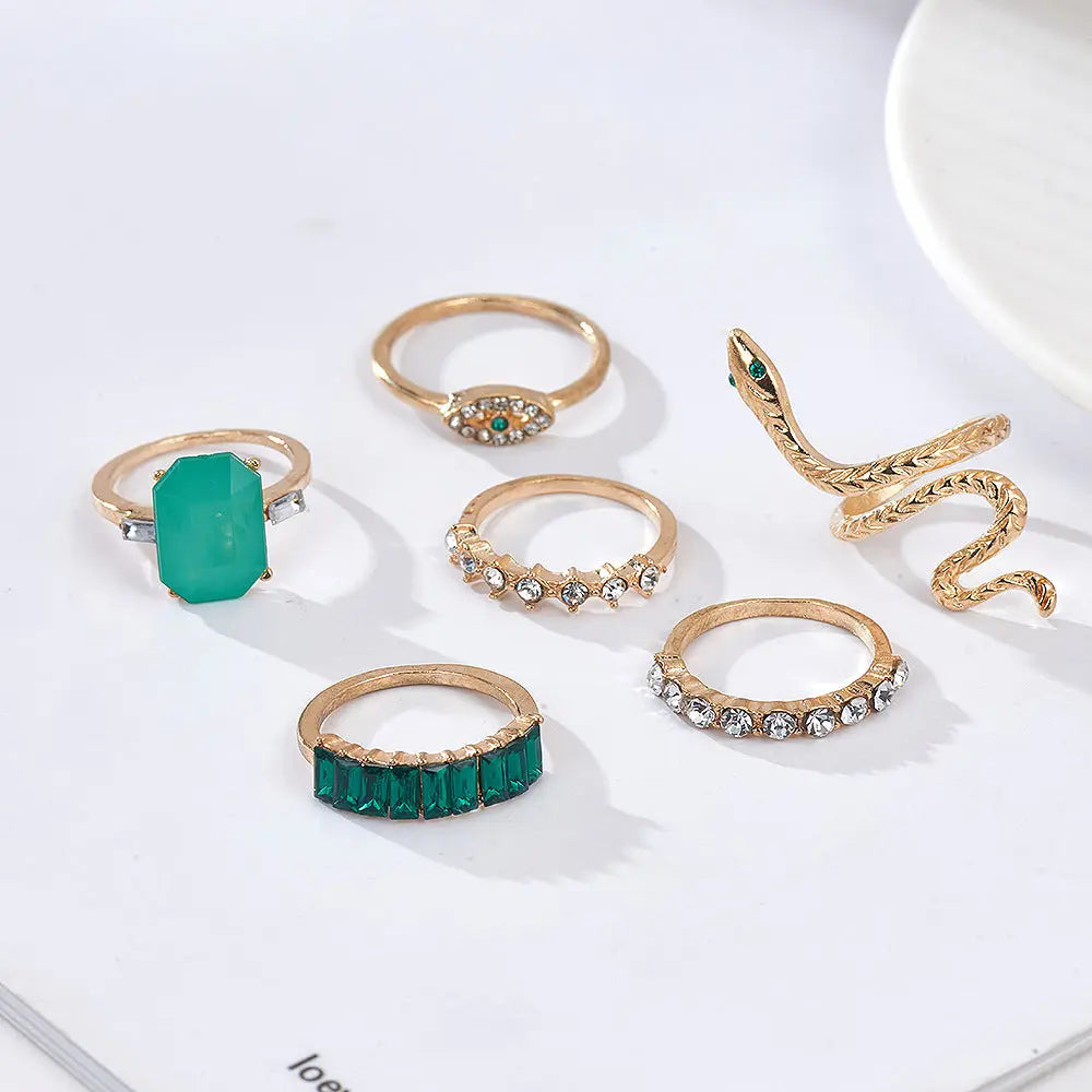 Vintage Diamond Emerald Serpentine 6-Piece Ring - WAlMYe #