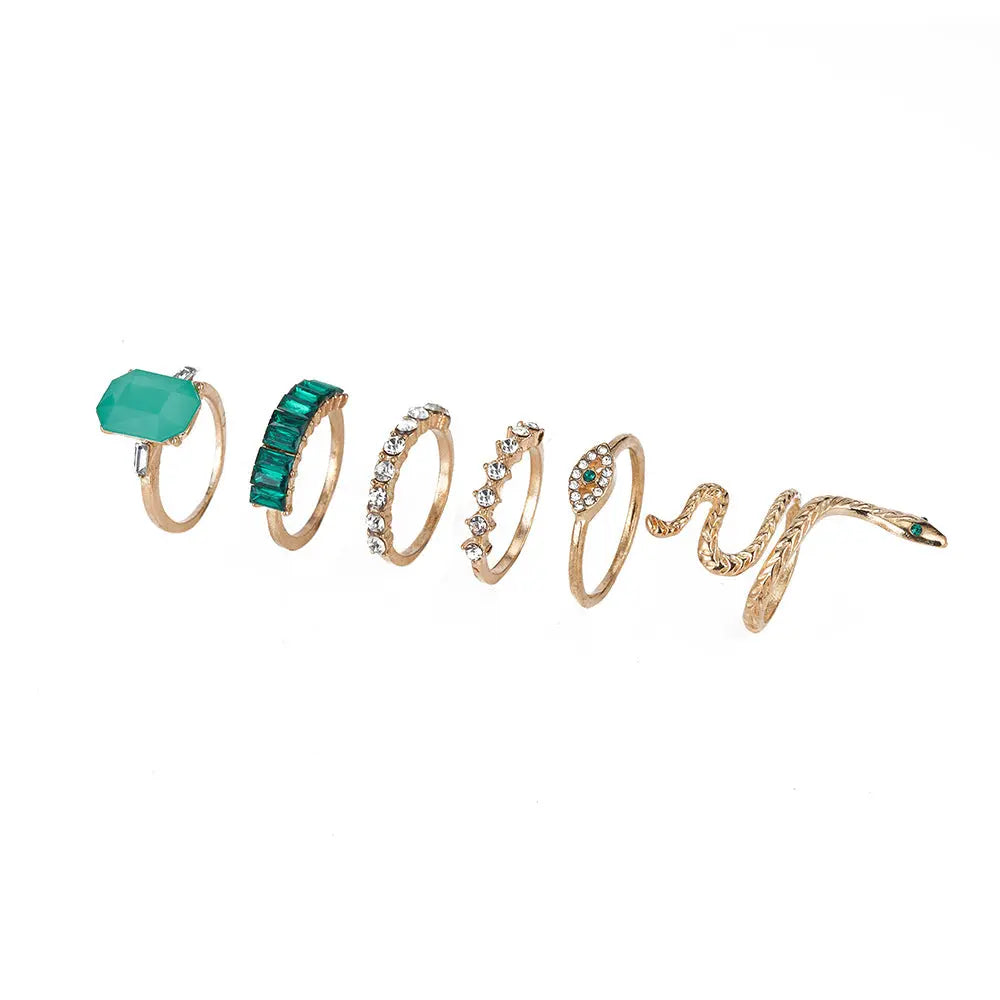 Vintage Diamond Emerald Serpentine 6-Piece Ring - WAlMYe #