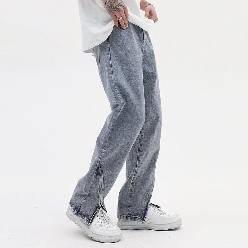 Vintage Washed Distressed Light Blue Zippered Jeans - WAlMYe #