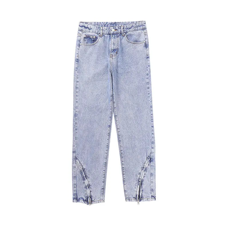 Vintage Washed Distressed Light Blue Zippered Jeans - WAlMYe #