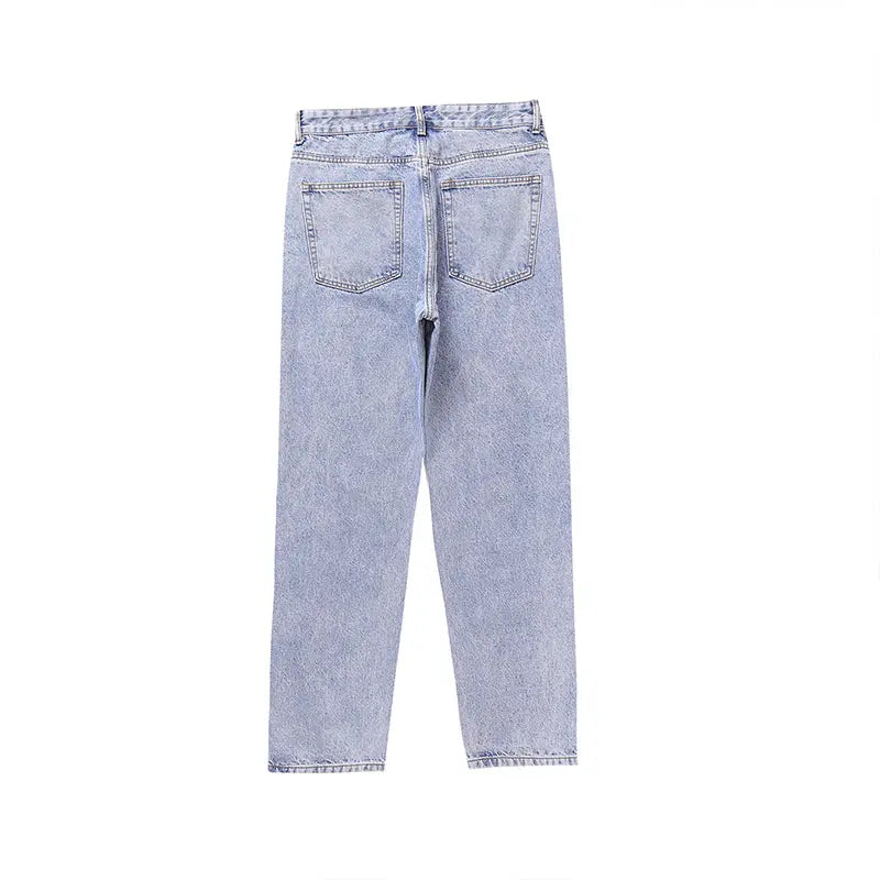 Vintage Washed Distressed Light Blue Zippered Jeans - WAlMYe #