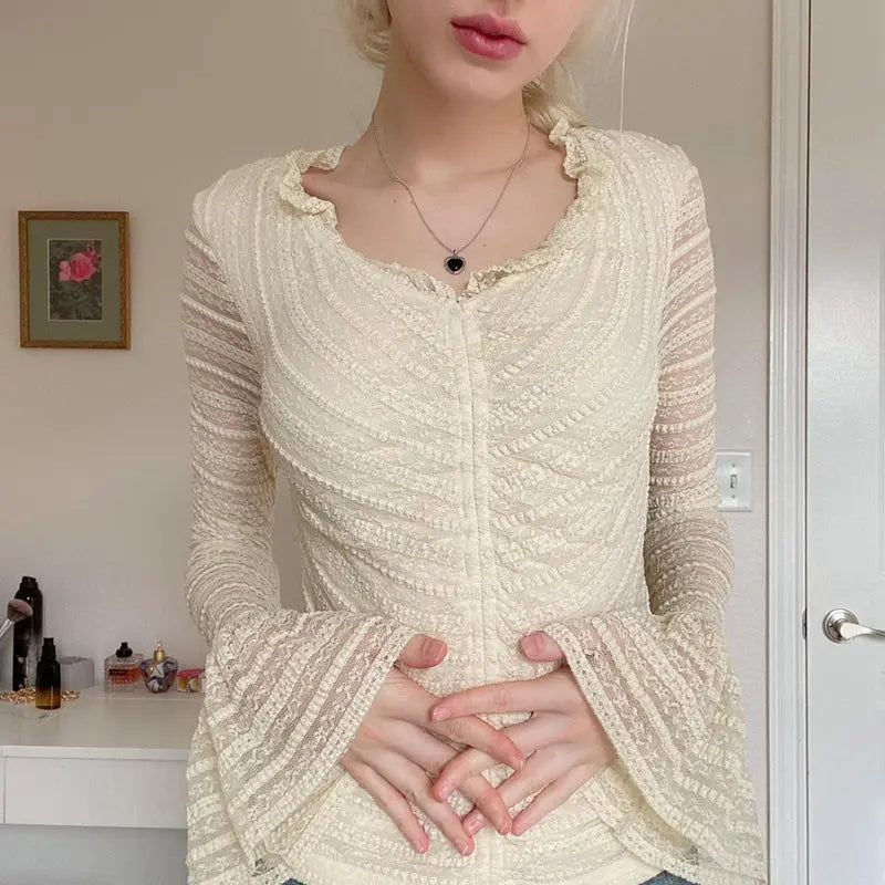 Women's Fashion Solid Color Lace Flared Sleeve Top - WAlMYe #