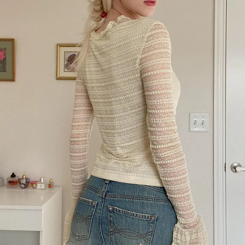 Women's Fashion Solid Color Lace Flared Sleeve Top - WAlMYe #