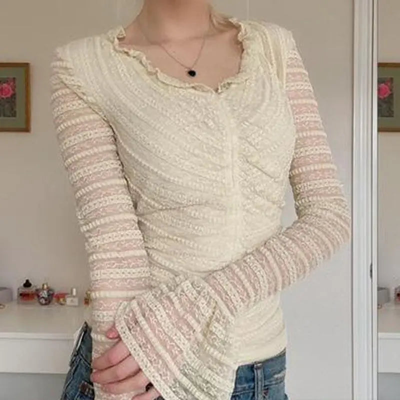 Women's Fashion Solid Color Lace Flared Sleeve Top - WAlMYe #