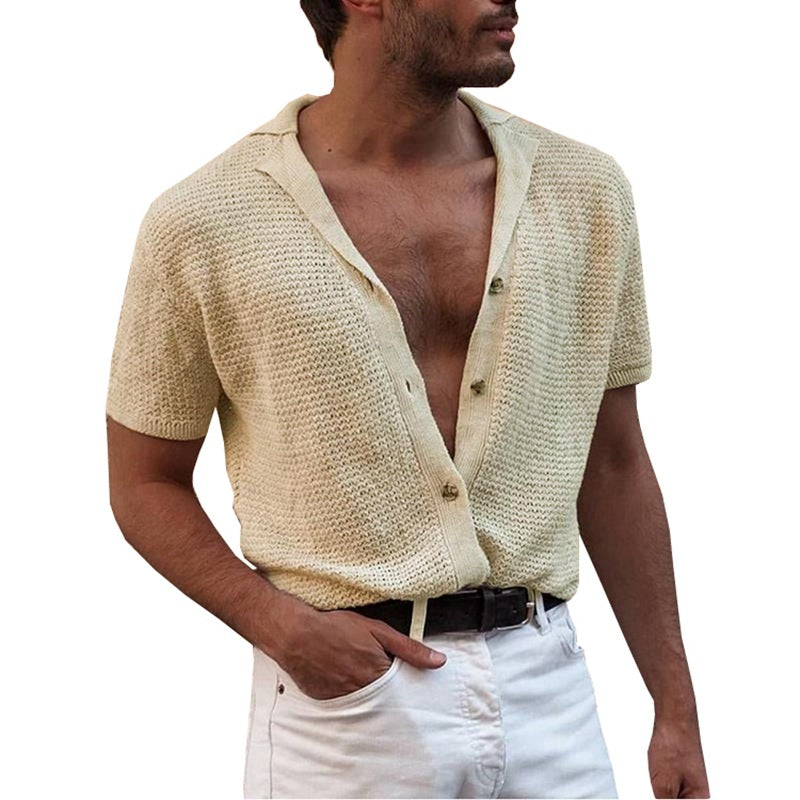 Gentleman Solid Knitted Cardigan Polo Shirts Spring Summer Men's Poloshirt Short Sleeve Sexy V Neck Buttons Cotton Clothing - WAlMYe #
