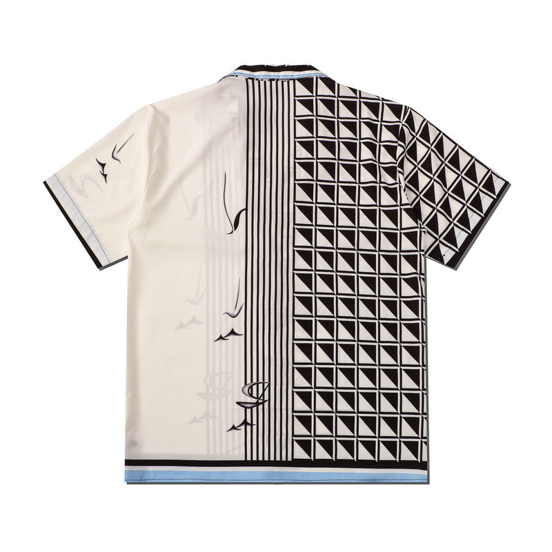 High Street Hawaiian Flower Shirt Statue Full Printed Beach Cardigan Short Sleeve Men - WAlMYe #