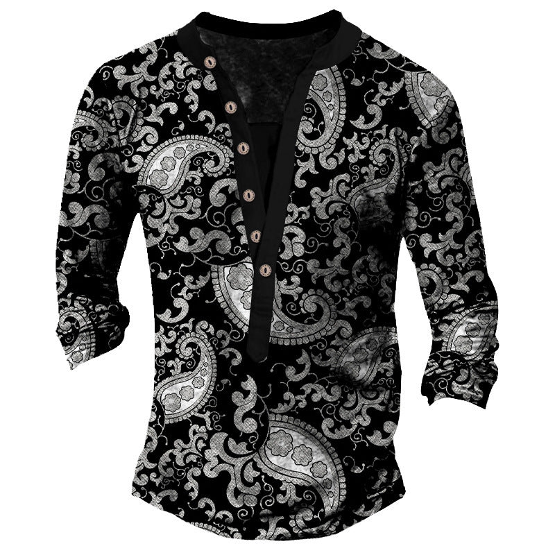 Printed Retro Fashion Casual Henry Neck Long Sleeves T-shirt - WAlMYe #