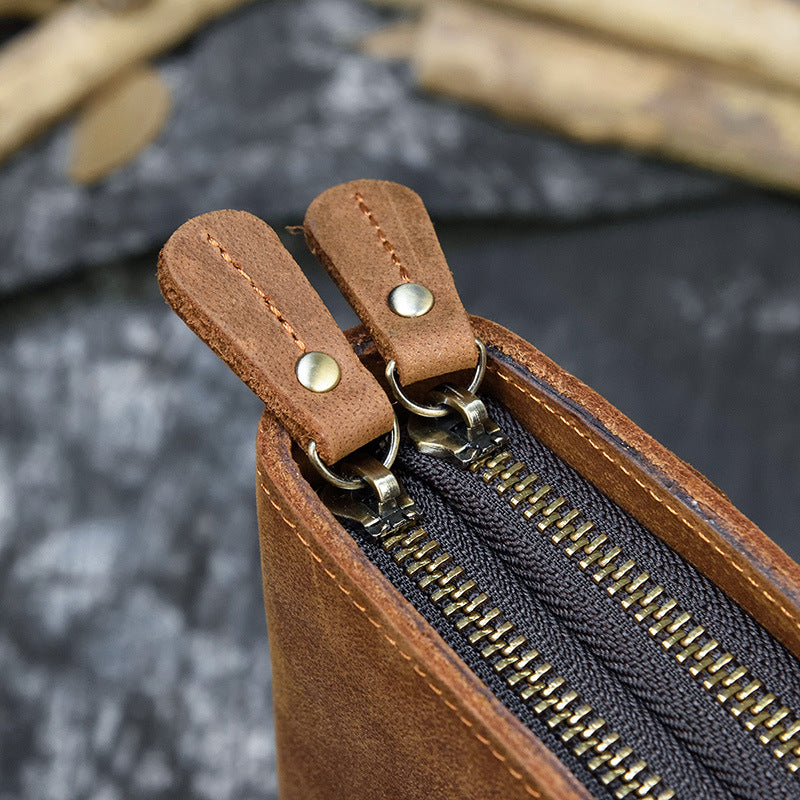 Crazy Horse Leather Double Zip Money Clutch - WAlMYe #
