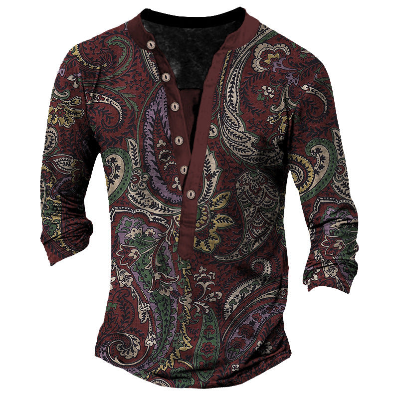 Printed Retro Fashion Casual Henry Neck Long Sleeves T-shirt - WAlMYe #