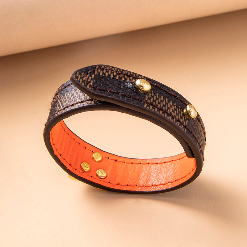 Classic Brown Plaid Stripe Leather Bracelets Bangles For Women - WAlMYe #