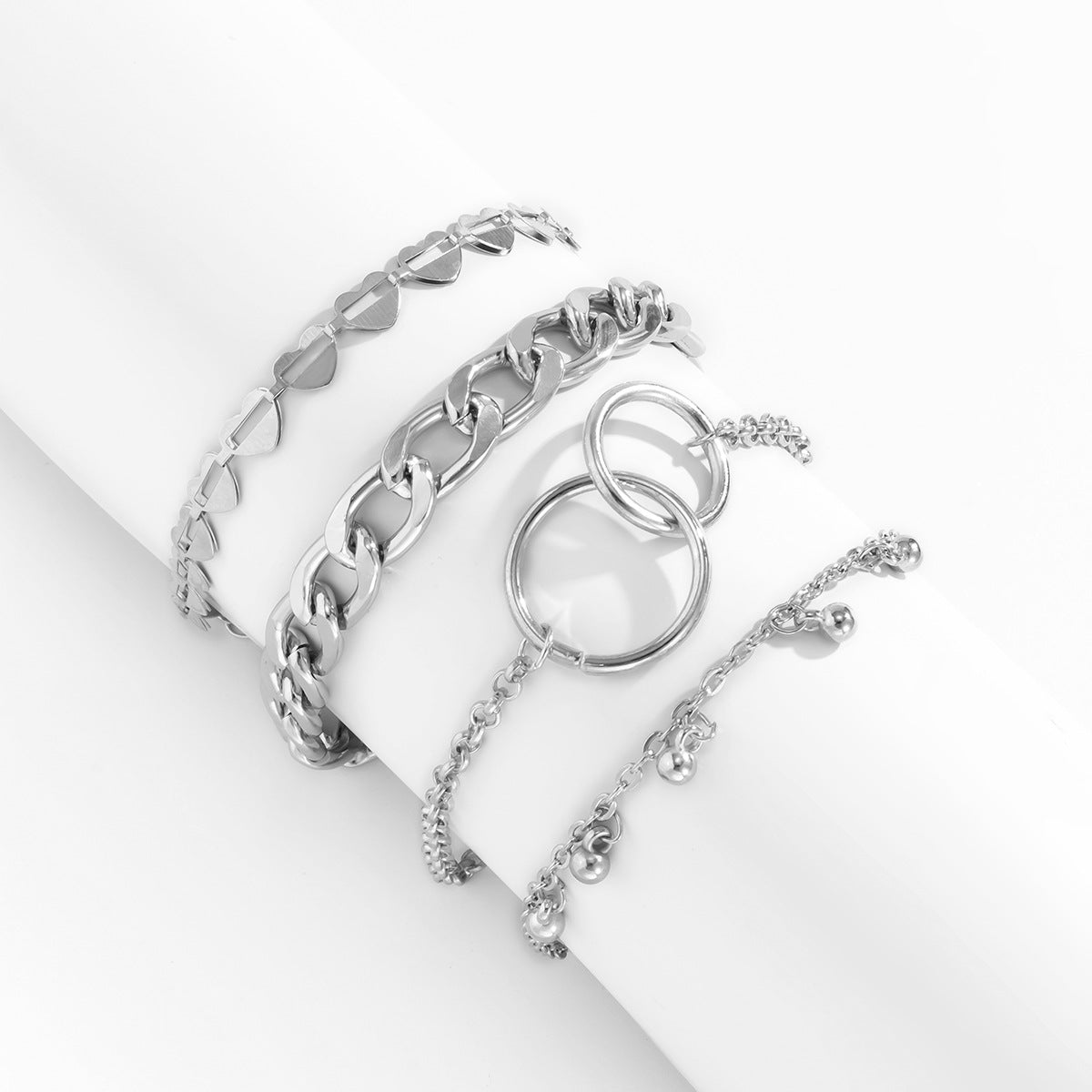 Personality Double-Loop Hanging Ball Tassel Set Bracelet, Hollow Heart-shaped Geometric Chain Bracelet Women - WAlMYe #