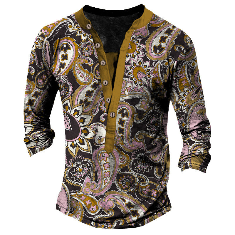 Printed Retro Fashion Casual Henry Neck Long Sleeves T-shirt - WAlMYe #