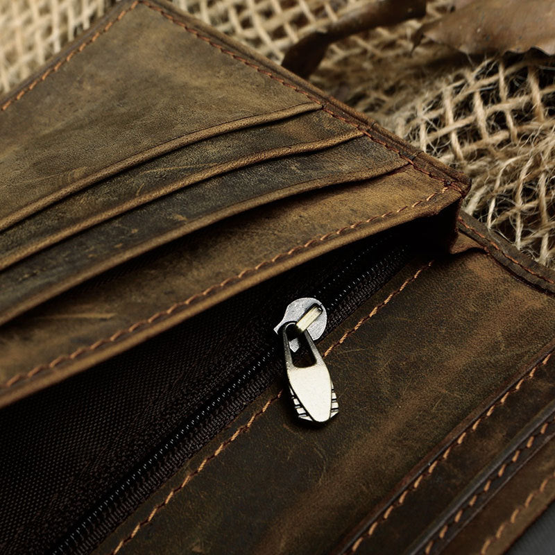Men's Vintage Crazy Horse Leather Long Vertical Wallet - WAlMYe #