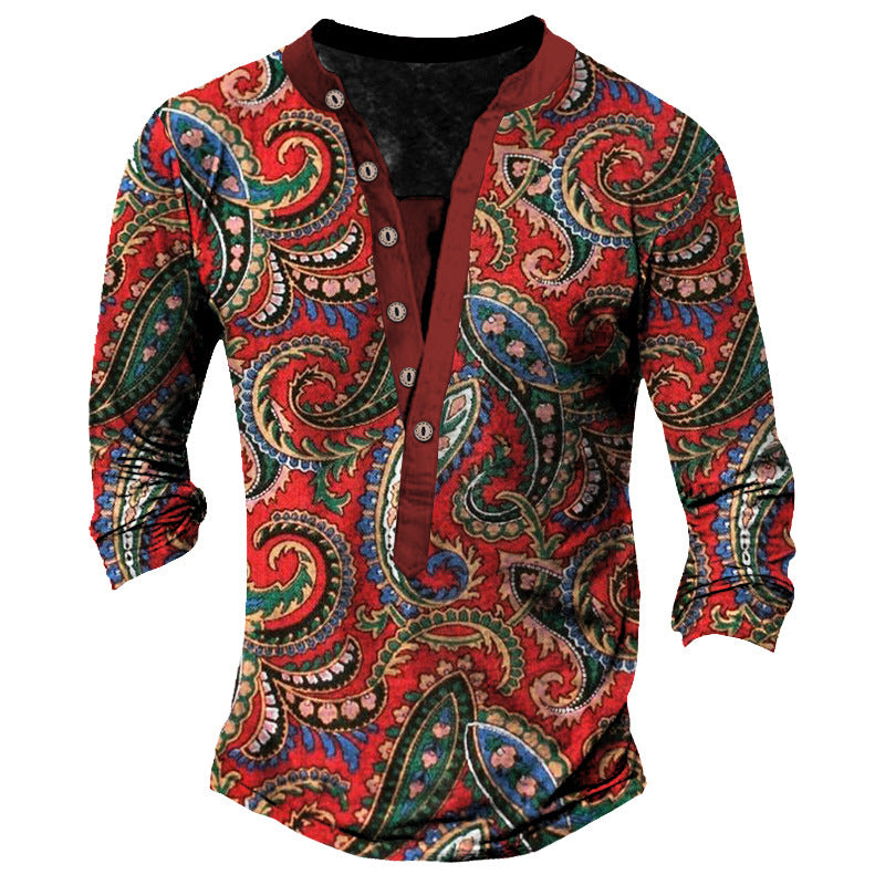 Printed Retro Fashion Casual Henry Neck Long Sleeves T-shirt - WAlMYe #