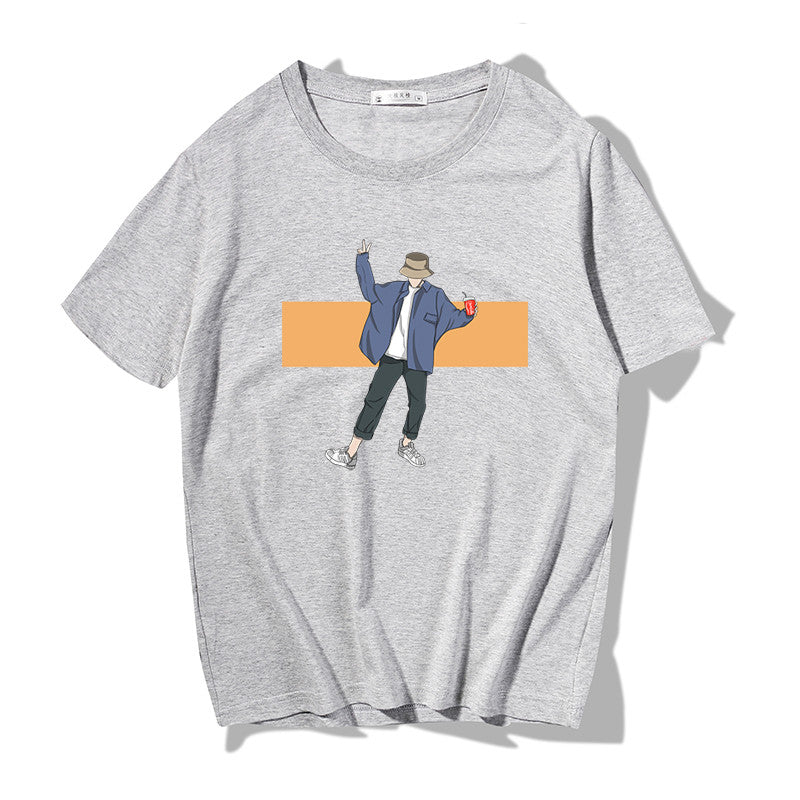 Short-sleeved T-shirt Men's All-match Loose Print Round Neck Japanese Style - WAlMYe #