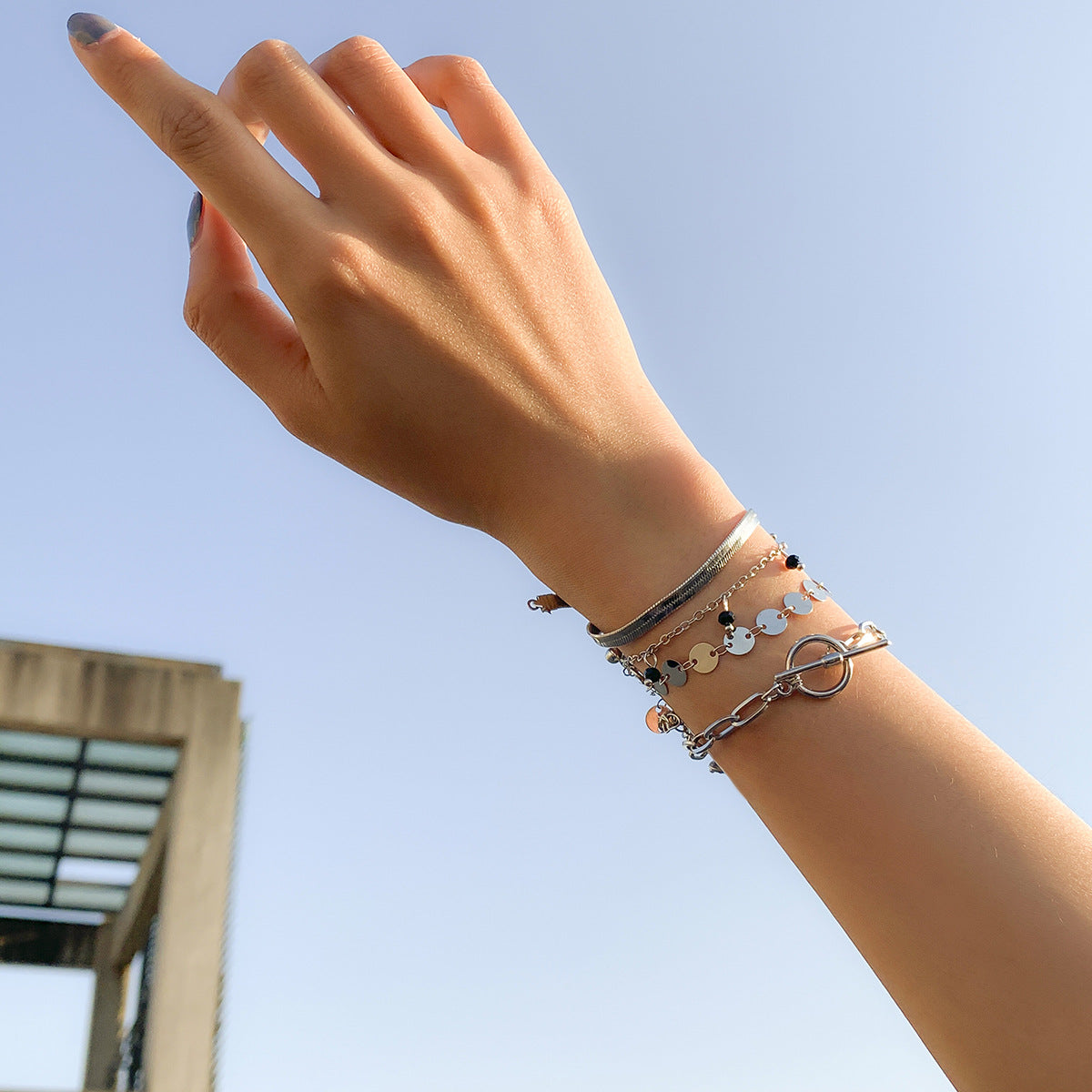 Simple OT Buckle Snake Bone Chain Set Bracelet Women - WAlMYe #