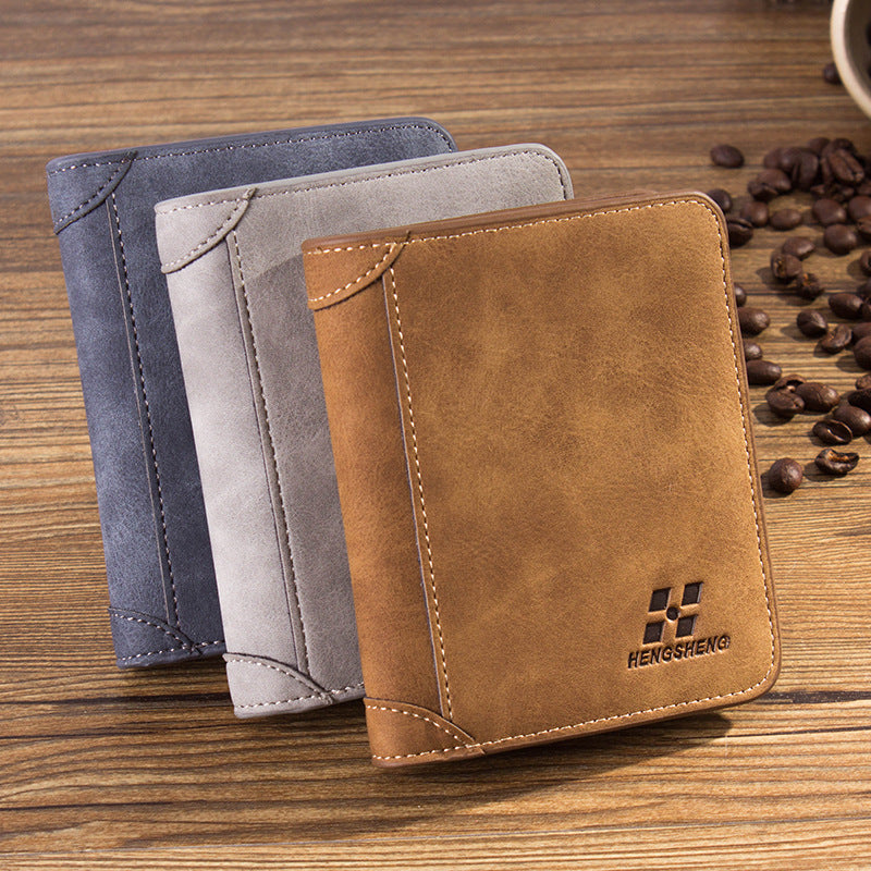 New Men's Wallet Short Nubuck Leather Wallet Retro Tri-fold Vertical Wallet Youth