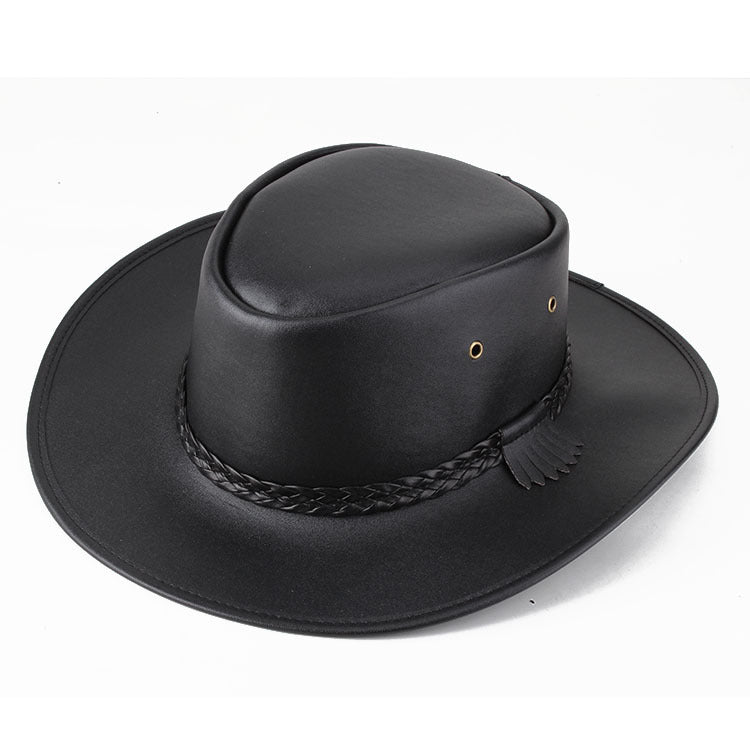 Solid Colour Leather Cord Large Brimmed Sun Visor Cowboy Hat